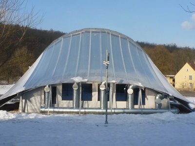 Sun light on the collectors conveys energy into the storage